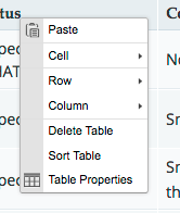 Screenshot of the Table context menu